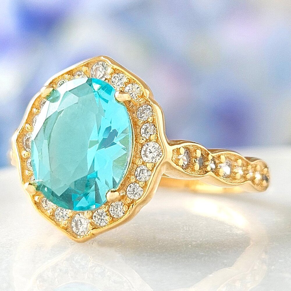 Gold and Aquamarine Gemstone ring,925 Sterling Silver Charmed Aroma